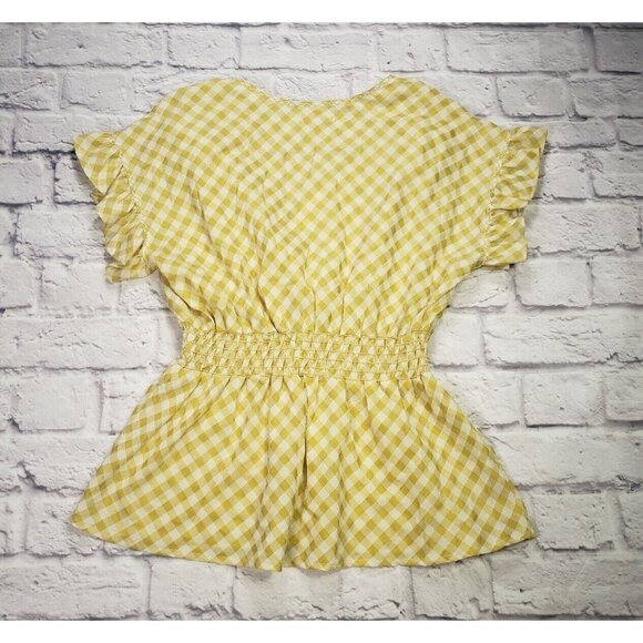 Max Studio Womens Size Large Yellow White Gingham Check Short-Sleeve Blouse - Picture 4 of 7